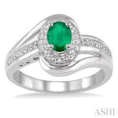 6x4 MM Oval Cut Emerald and 1/50 Ctw Round Cut Diamond Ring in Sterling Silver