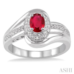 6x4 MM Oval Cut Ruby and 1/50 Ctw Round Cut Diamond Ring in Sterling Silver