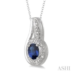 6x4 MM Oval Cut Sapphire and 1/50 Ctw Round Cut Diamond Pendant in Sterling Silver with Chain