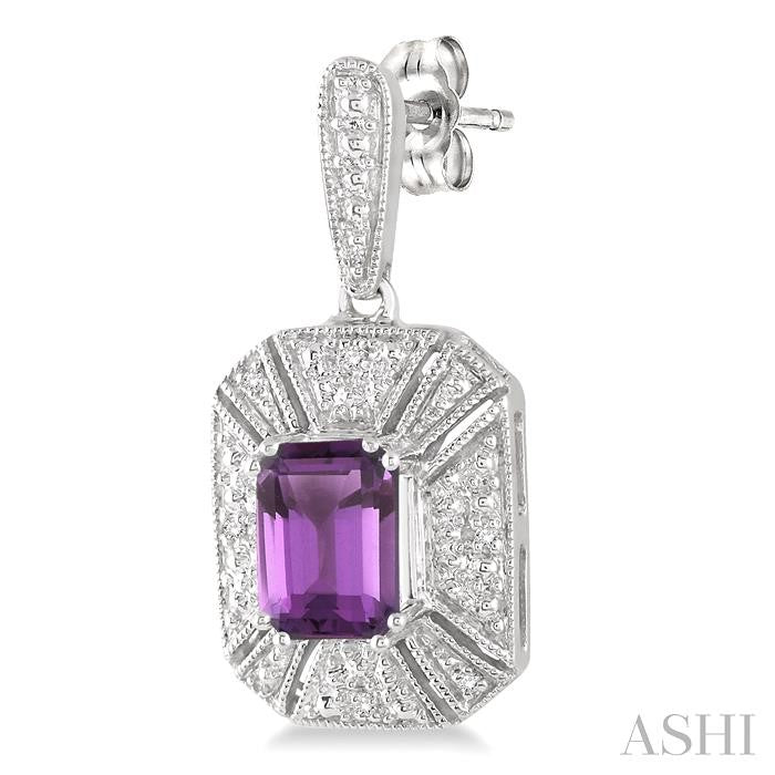 7x5 MM Emerald Shape Amethyst and 1/20 Ctw Round Cut Diamond Earrings in Sterling Silver