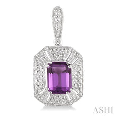 7x5 MM Emerald Shape Amethyst and 1/20 Ctw Round Cut Diamond Earrings in Sterling Silver