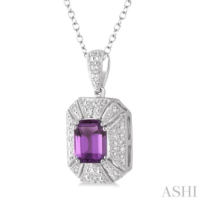 8x6 MM Emerald Shape Amethyst and 1/50 Ctw Round Cut Diamond Pendant in Sterling Silver with Chain