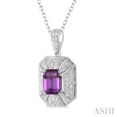 8x6 MM Emerald Shape Amethyst and 1/50 Ctw Round Cut Diamond Pendant in Sterling Silver with Chain