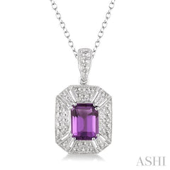 8x6 MM Emerald Shape Amethyst and 1/50 Ctw Round Cut Diamond Pendant in Sterling Silver with Chain