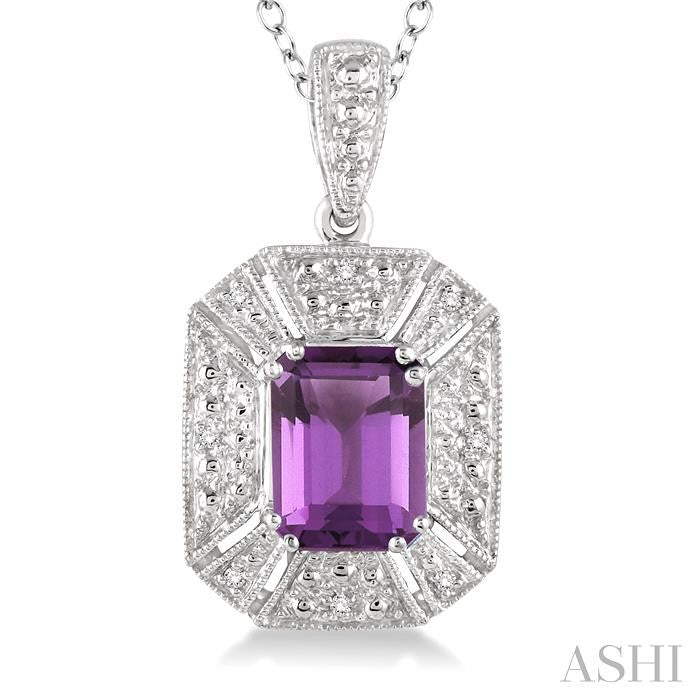 8x6 MM Emerald Shape Amethyst and 1/50 Ctw Round Cut Diamond Pendant in Sterling Silver with Chain