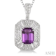8x6 MM Emerald Shape Amethyst and 1/50 Ctw Round Cut Diamond Pendant in Sterling Silver with Chain
