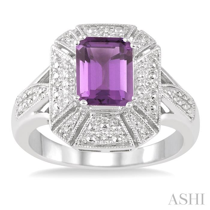 8x6 MM Emerald Shape Amethyst and 1/50 Ctw Round Cut Diamond Ring in Sterling Silver