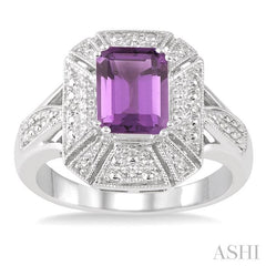 8x6 MM Emerald Shape Amethyst and 1/50 Ctw Round Cut Diamond Ring in Sterling Silver
