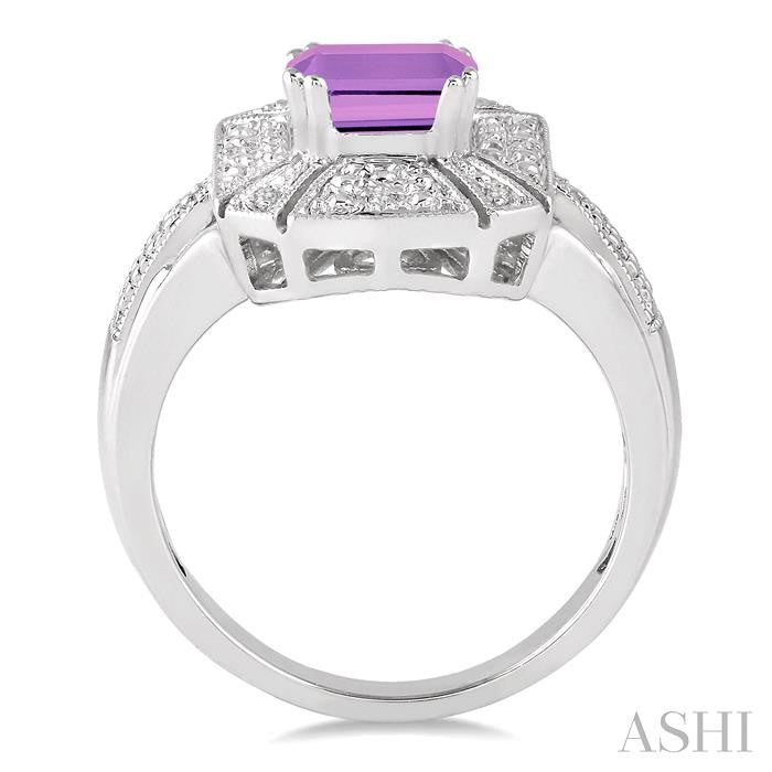 8x6 MM Emerald Shape Amethyst and 1/50 Ctw Round Cut Diamond Ring in Sterling Silver