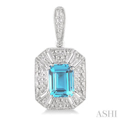 7x5 MM Emerald Shape Blue Topaz and 1/20 Ctw Round Cut Diamond Earrings in Sterling Silver