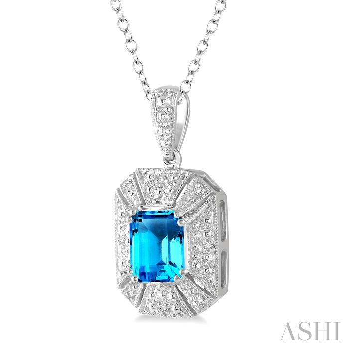 8x6 MM Emerald Shape Blue Topaz and 1/50 Ctw Round Cut Diamond Pendant in Sterling Silver with Chain
