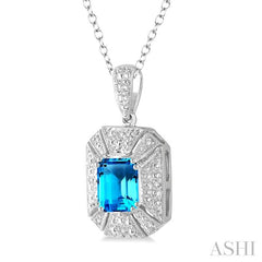 8x6 MM Emerald Shape Blue Topaz and 1/50 Ctw Round Cut Diamond Pendant in Sterling Silver with Chain