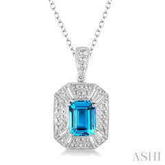 8x6 MM Emerald Shape Blue Topaz and 1/50 Ctw Round Cut Diamond Pendant in Sterling Silver with Chain