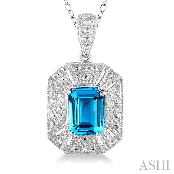8x6 MM Emerald Shape Blue Topaz and 1/50 Ctw Round Cut Diamond Pendant in Sterling Silver with Chain