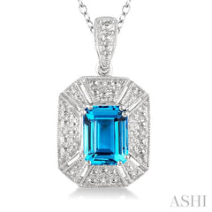 8x6 MM Emerald Shape Blue Topaz and 1/50 Ctw Round Cut Diamond Pendant in Sterling Silver with Chain