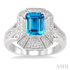 8x6 MM Emerald Shape Blue Topaz and 1/50 Ctw Round Cut Diamond Ring in Sterling Silver