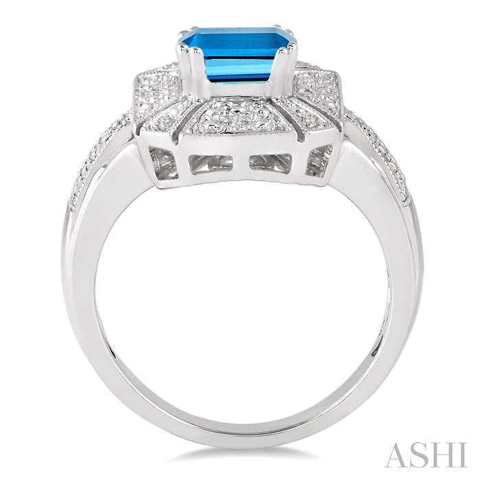 8x6 MM Emerald Shape Blue Topaz and 1/50 Ctw Round Cut Diamond Ring in Sterling Silver