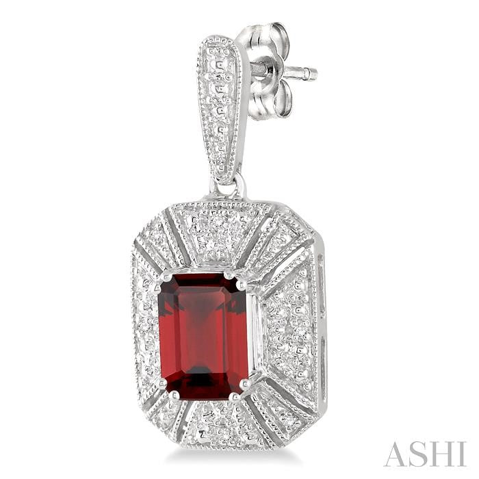 7x5 MM Emerald Shape Garnet and 1/20 Ctw Round Cut Diamond Earrings in Sterling Silver