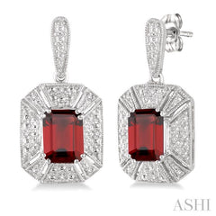 7x5 MM Emerald Shape Garnet and 1/20 Ctw Round Cut Diamond Earrings in Sterling Silver