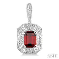 7x5 MM Emerald Shape Garnet and 1/20 Ctw Round Cut Diamond Earrings in Sterling Silver