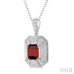 8x6 MM Emerald Shape Garnet and 1/50 Ctw Round Cut Diamond Pendant in Sterling Silver with Chain