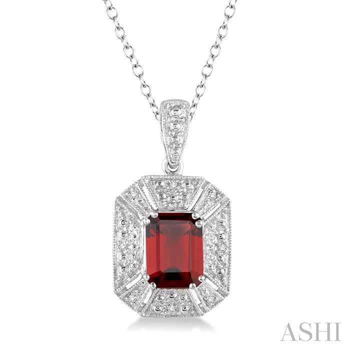 8x6 MM Emerald Shape Garnet and 1/50 Ctw Round Cut Diamond Pendant in Sterling Silver with Chain