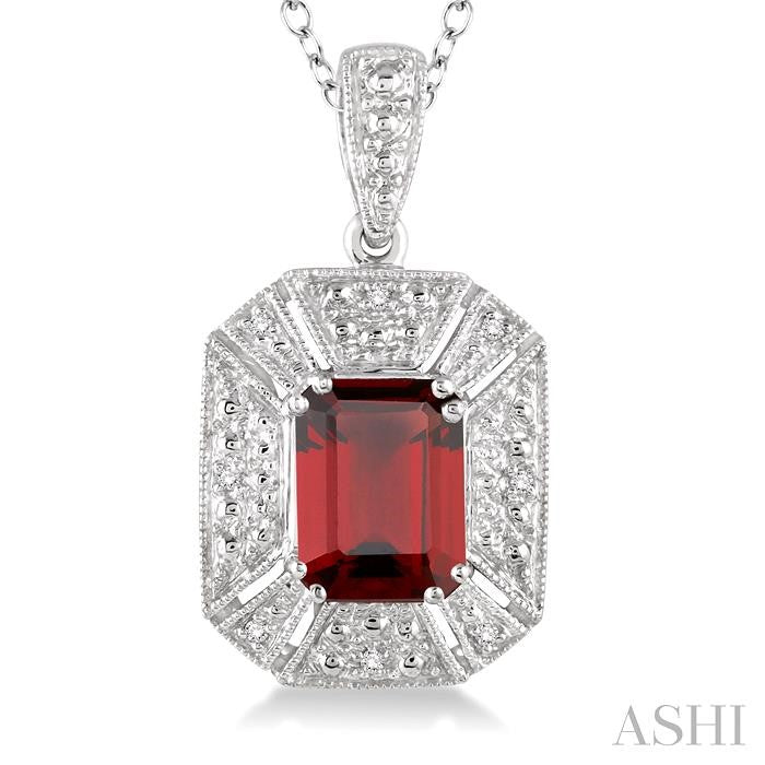 8x6 MM Emerald Shape Garnet and 1/50 Ctw Round Cut Diamond Pendant in Sterling Silver with Chain