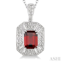 8x6 MM Emerald Shape Garnet and 1/50 Ctw Round Cut Diamond Pendant in Sterling Silver with Chain