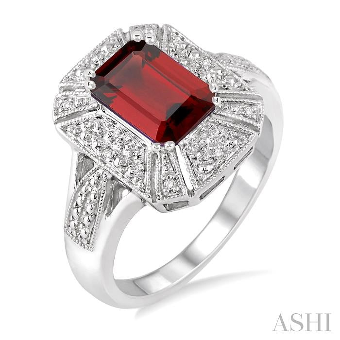 8x6 MM Emerald Shape Garnet and 1/50 Ctw Round Cut Diamond Ring in Sterling Silver