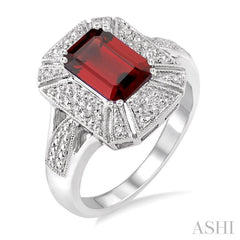8x6 MM Emerald Shape Garnet and 1/50 Ctw Round Cut Diamond Ring in Sterling Silver