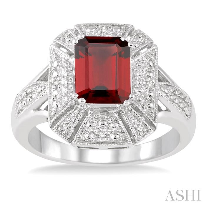 8x6 MM Emerald Shape Garnet and 1/50 Ctw Round Cut Diamond Ring in Sterling Silver