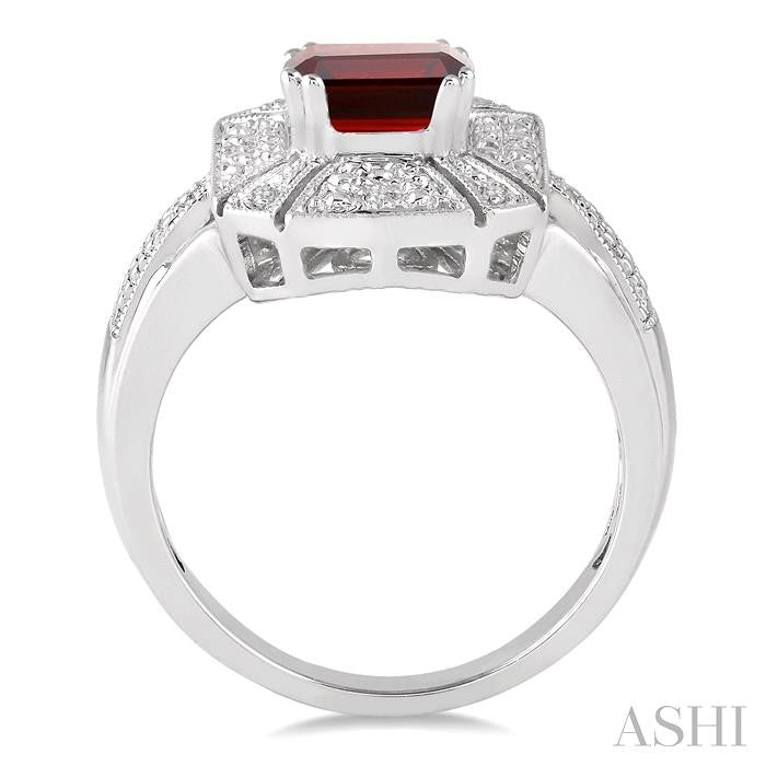8x6 MM Emerald Shape Garnet and 1/50 Ctw Round Cut Diamond Ring in Sterling Silver