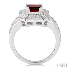 8x6 MM Emerald Shape Garnet and 1/50 Ctw Round Cut Diamond Ring in Sterling Silver