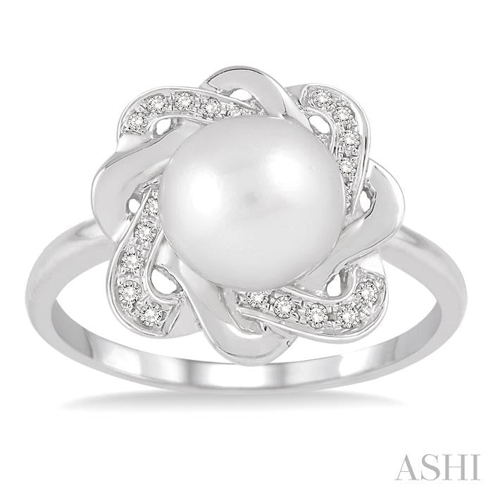 6.5 MM Round Shape Cultured Pearl and 1/10 Ctw Round Cut Diamond Ring in Sterling Silver