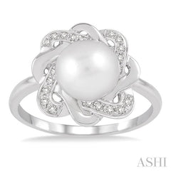 6.5 MM Round Shape Cultured Pearl and 1/10 Ctw Round Cut Diamond Ring in Sterling Silver