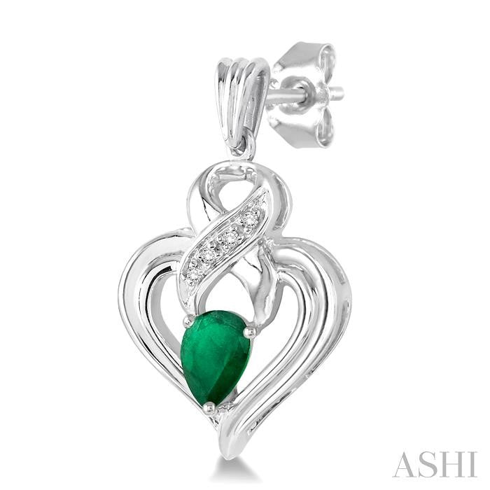5x3 MM Pear Shape Emerald and 1/50 Ctw Round Cut Diamond Earrings in Sterling Silver