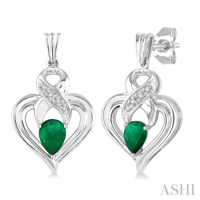 5x3 MM Pear Shape Emerald and 1/50 Ctw Round Cut Diamond Earrings in Sterling Silver