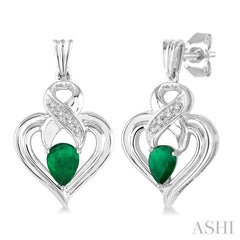 5x3 MM Pear Shape Emerald and 1/50 Ctw Round Cut Diamond Earrings in Sterling Silver