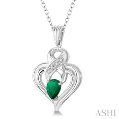 6x4 MM Pear Shape Emerald and 1/50 Ctw Round Cut Diamond Pendant in Sterling Silver with Chain