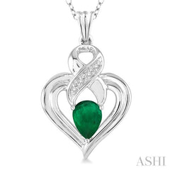 6x4 MM Pear Shape Emerald and 1/50 Ctw Round Cut Diamond Pendant in Sterling Silver with Chain