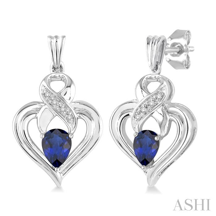 5x3 MM Pear Shape Sapphire and 1/50 Ctw Round Cut Diamond Earrings in Sterling Silver