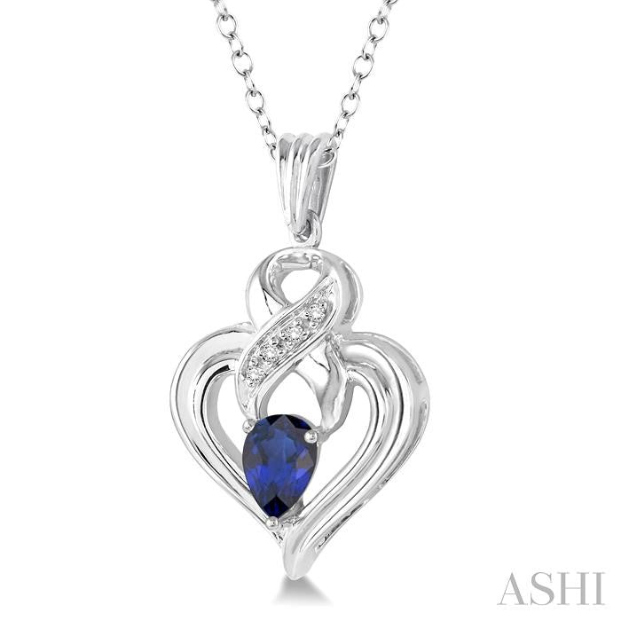 6x4 MM Pear Shape Sapphire and 1/50 Ctw Round Cut Diamond Pendant in Sterling Silver with Chain
