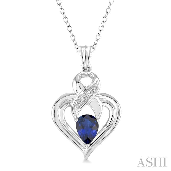 6x4 MM Pear Shape Sapphire and 1/50 Ctw Round Cut Diamond Pendant in Sterling Silver with Chain