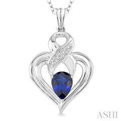 6x4 MM Pear Shape Sapphire and 1/50 Ctw Round Cut Diamond Pendant in Sterling Silver with Chain