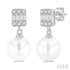 6 MM Cultured Pearls and 1/10 Ctw Baguette and Single Cut Diamond Earrings in 10K White Gold
