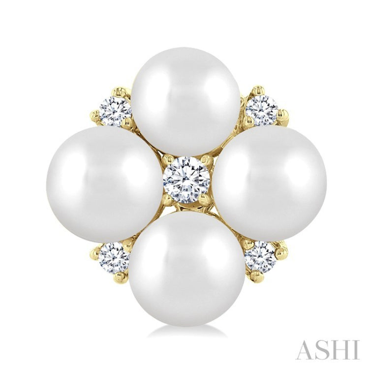 4 MM Round Shape Floral Cultured Pearls and 1/10 Ctw Round Cut Diamond Fashion Stud Earrings in 10K Yellow Gold