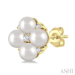 4 MM Round Shape Floral Cultured Pearls and 1/10 Ctw Round Cut Diamond Fashion Stud Earrings in 10K Yellow Gold