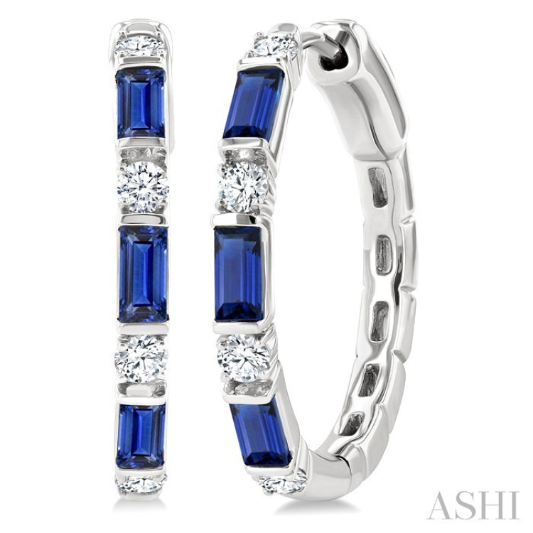 4X2 MM Baguette Cut Sapphire and 1/3 Ctw Art Deco Round Cut Diamond Precious Hoop Earrings in 14K White Gold