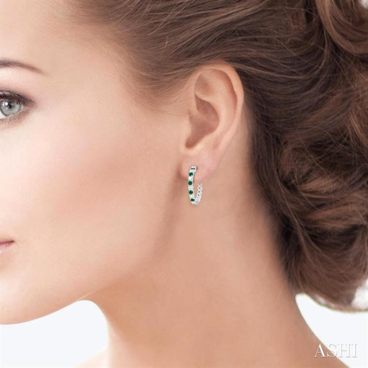 2.4 MM Round Shape Emerald and 5/8 Ctw Round Cut Diamond Precious Hoop Earring in 14K White Gold