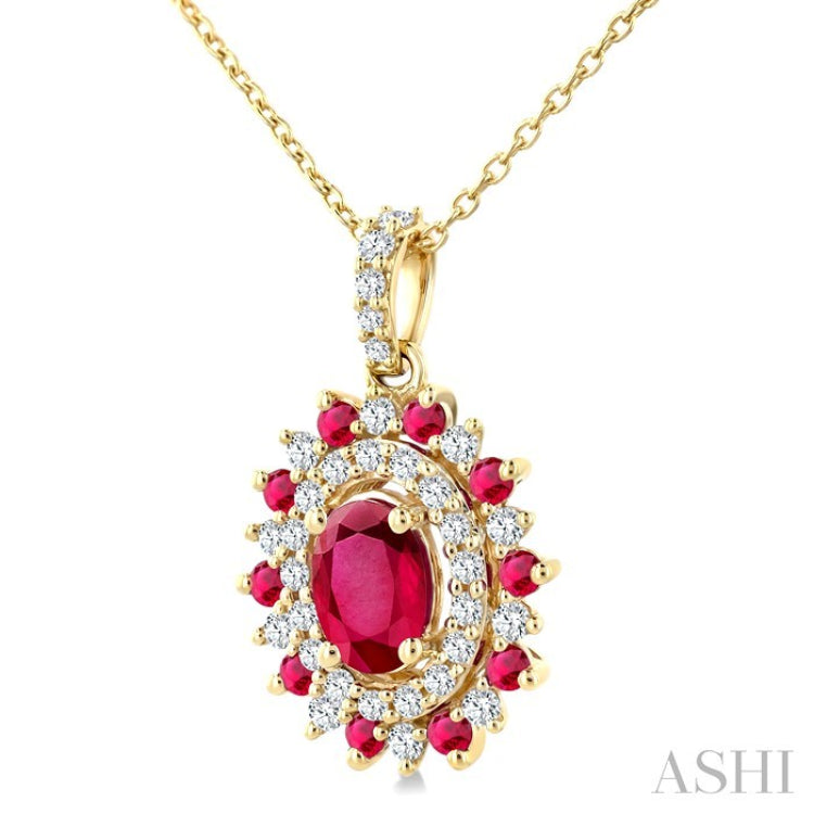 6X4 MM Oval Cut & 1.55 MM Round Cut Ruby and 1/4 Ctw Round Cut Diamond Floral Precious Pendant With Chain in 14K Yellow Gold
